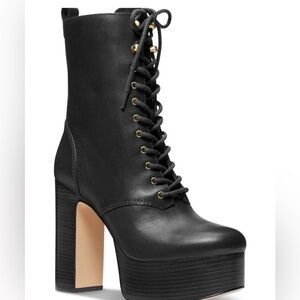 Michael Kors Natasha Leather Black Platform Booties Lace-up 5” Heel Size 8
